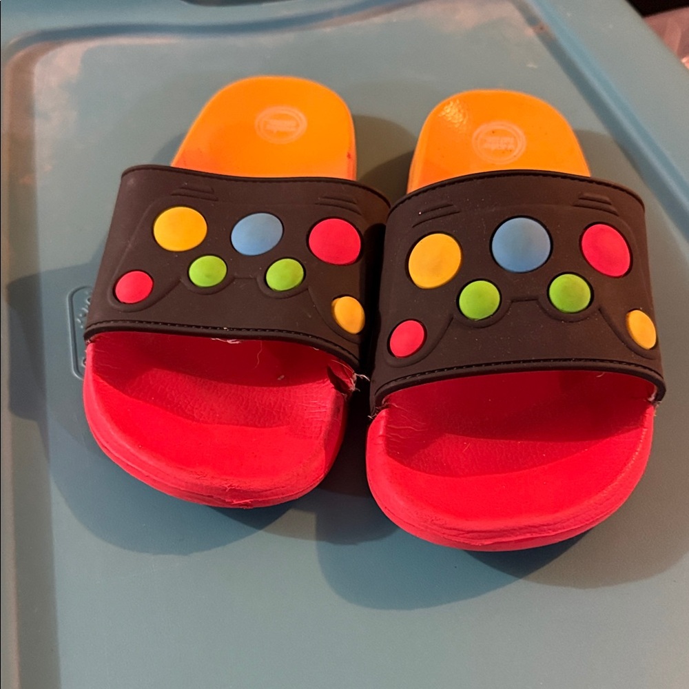 wonder nation Black Slide Sandals with Red Footbed and Multicolor Dots